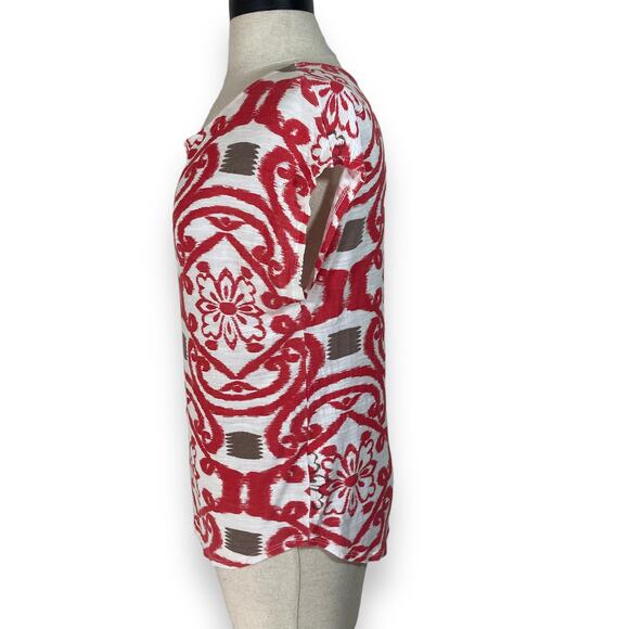 Ella Moss cap sleeve tee, relaxed fit red white abstract floral/tribal print top - Picture 4 of 6